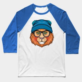 Orange Lion Wearing Glasses and a blue Hat Baseball T-Shirt